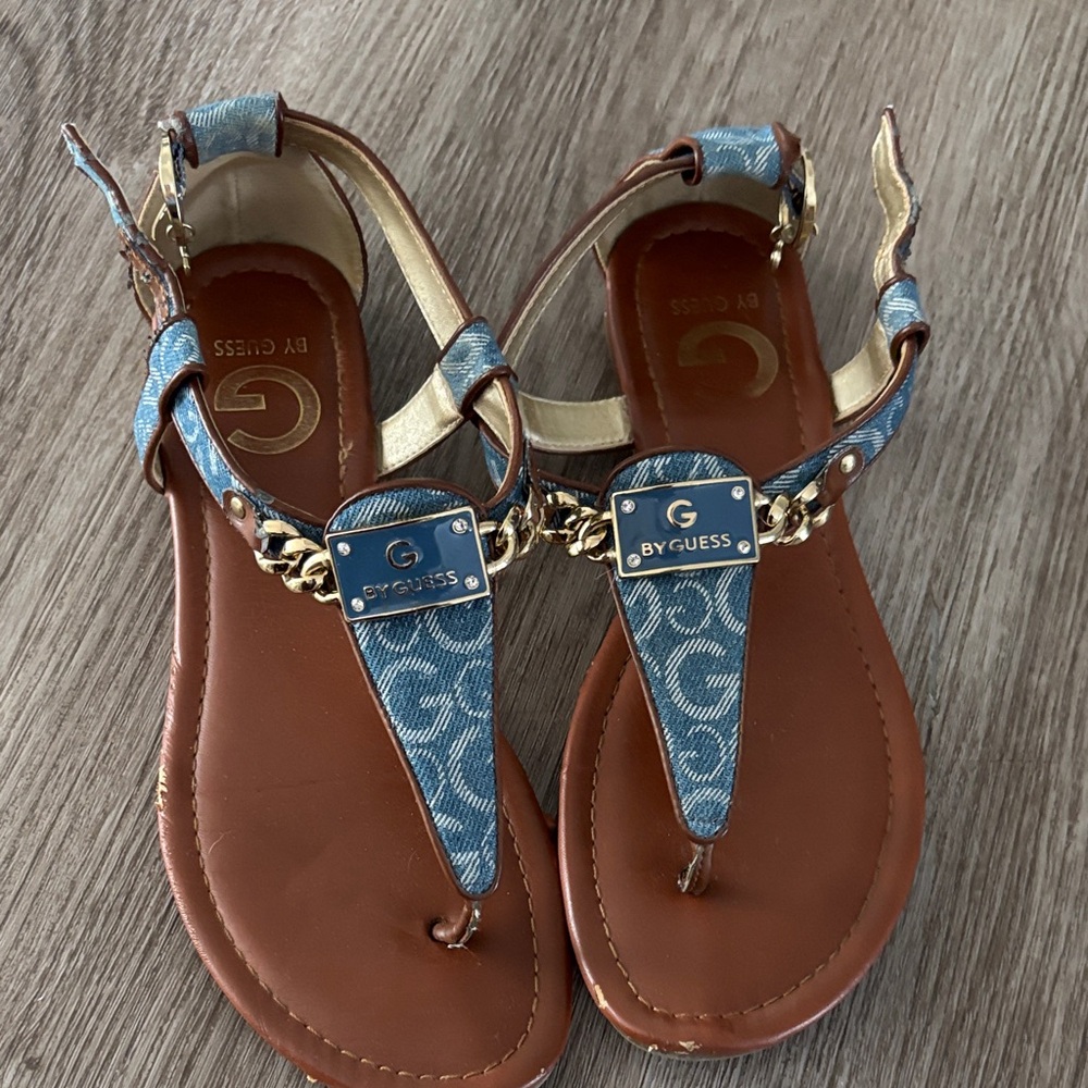 Guess Denim and Brown T-Strap Sandals Pre-Owned